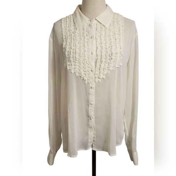 Boston Design Studio Cream Sheer Ruffled  Blouse Button Down Top Plus Size - Picture 1 of 6